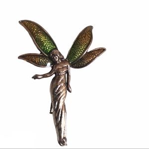 Fairy Pin Brooch Novelty Silver Tone with Green Orange Ombre Wings